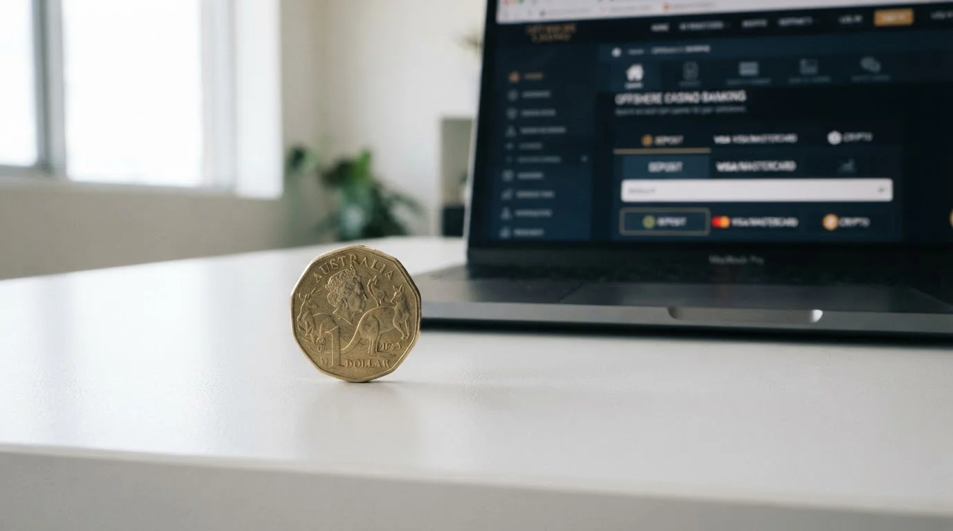 Australian dollar coin on minimalist desk with offshore casino banking interface