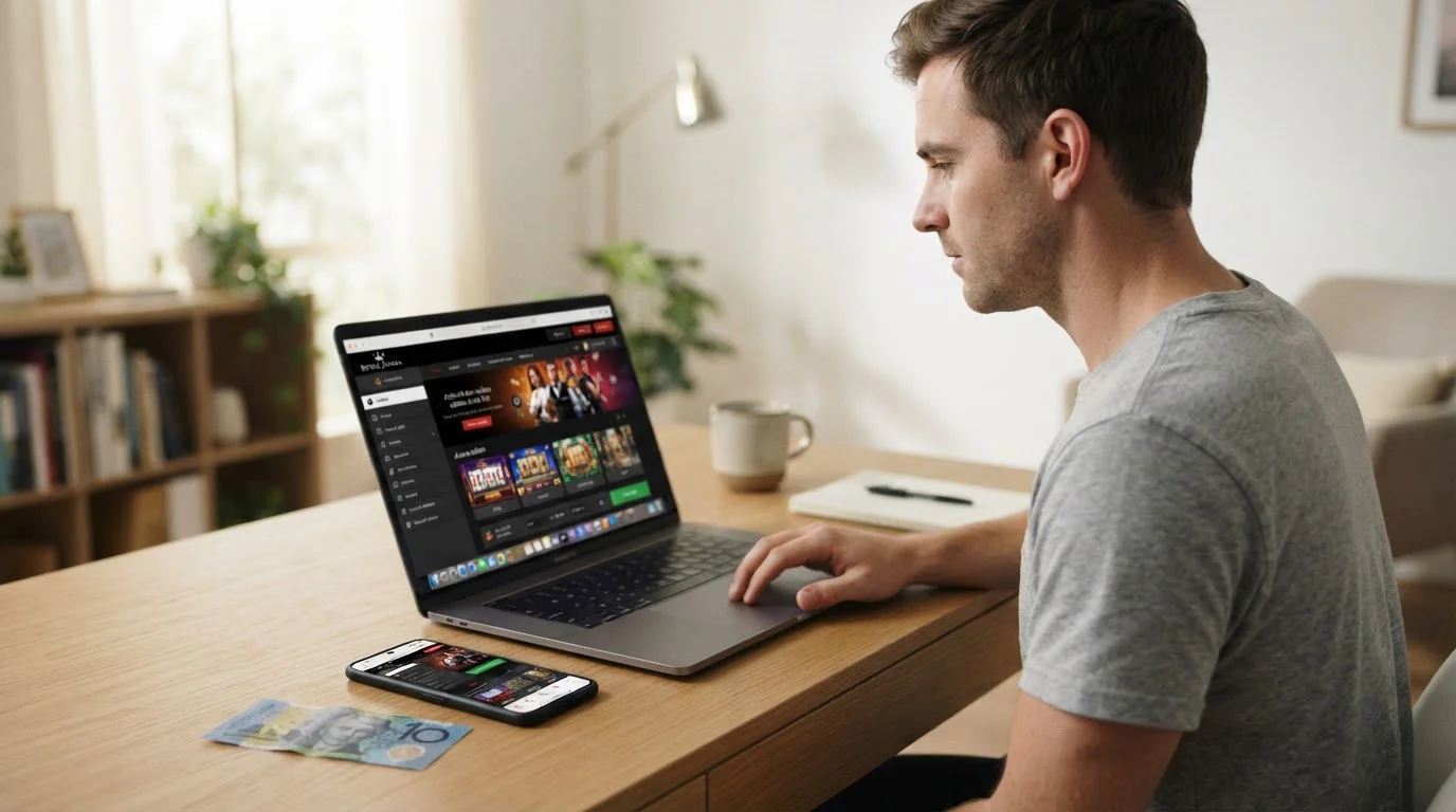 Australian player at laptop with mobile phone showing casino interface and $10 note nearby