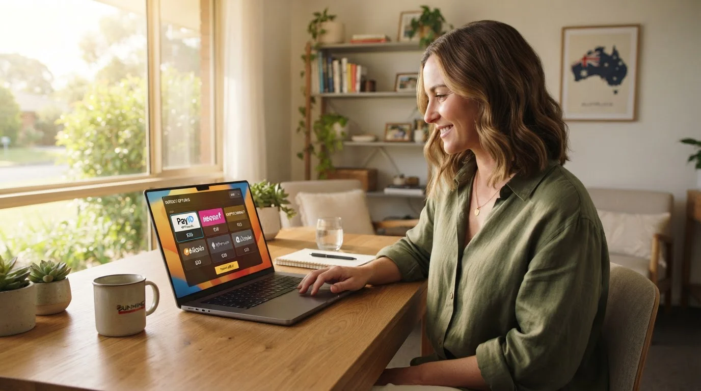 Australian player at laptop depositing twenty dollars at offshore casino cashier
