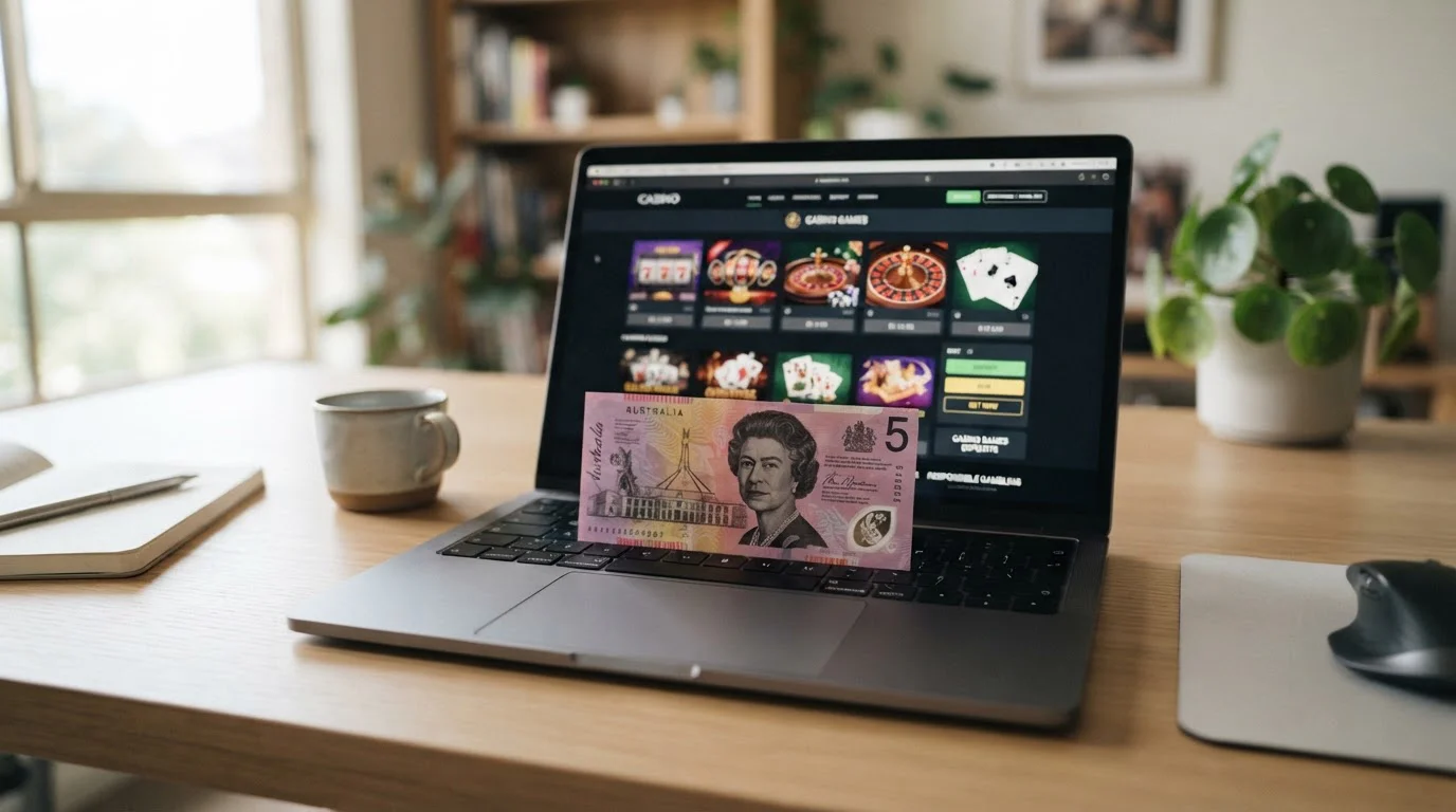 Australian five-dollar note on laptop keyboard with casino website visible on screen