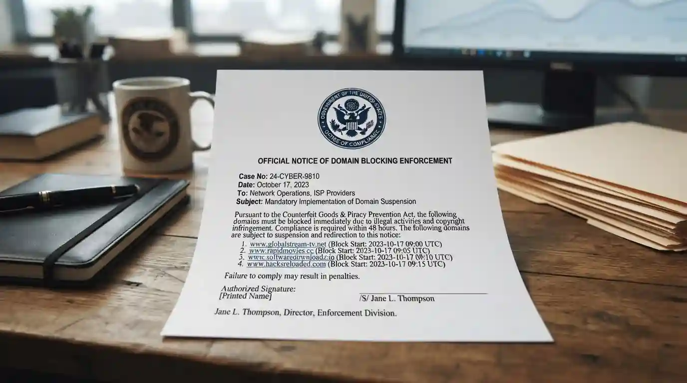 ACMA blocking notice document with domain list and enforcement date