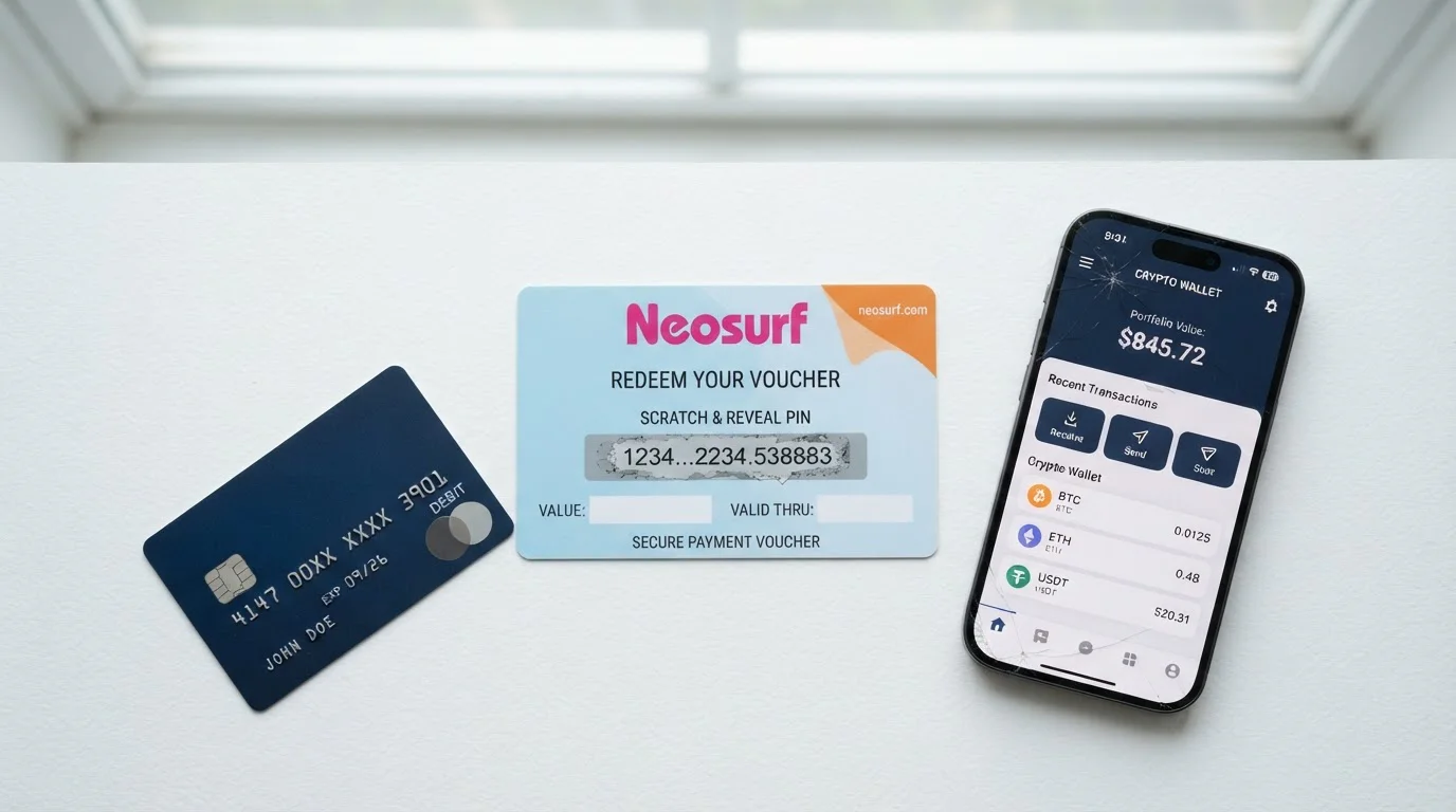 Neosurf voucher and cryptocurrency wallet illustration