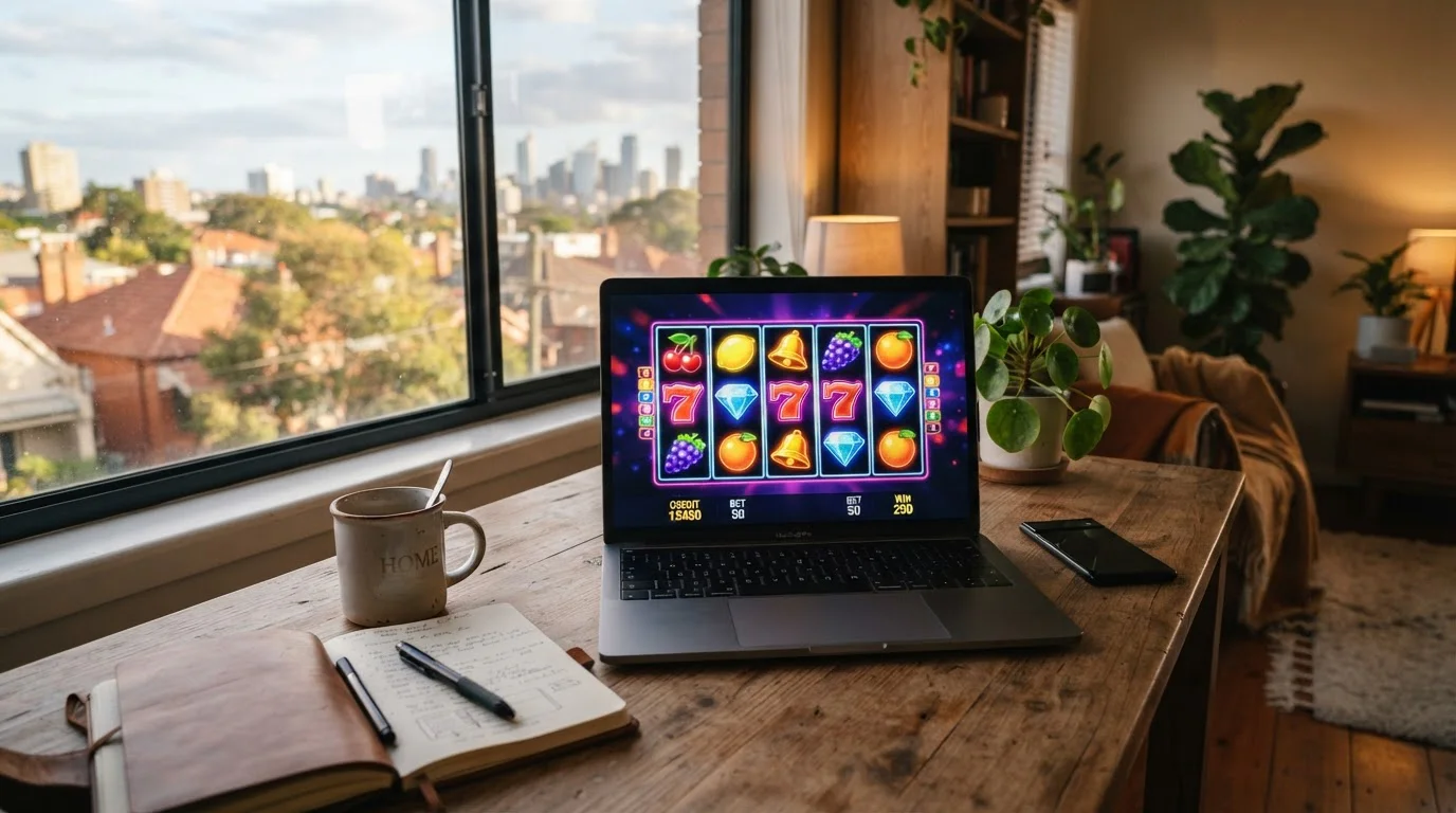 Australian player at laptop with pokies game interface visible