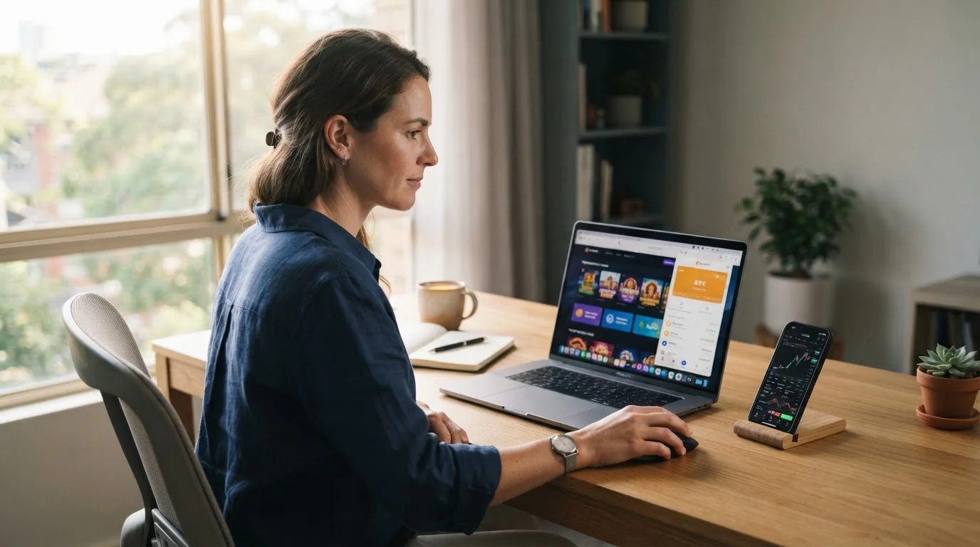 Australian player reviewing anonymous crypto casino options on laptop with Bitcoin wallet visible