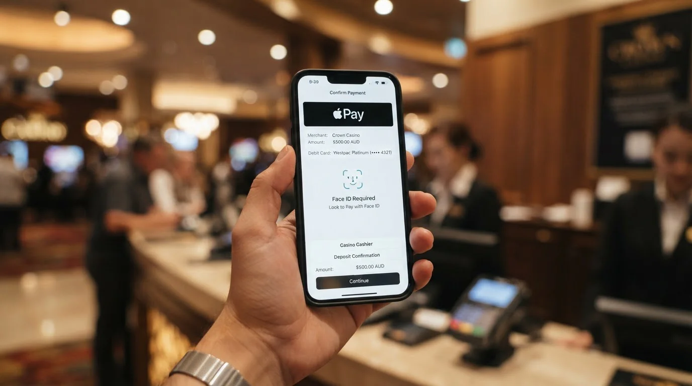 iPhone showing Apple Pay authorization with Face ID for casino deposit