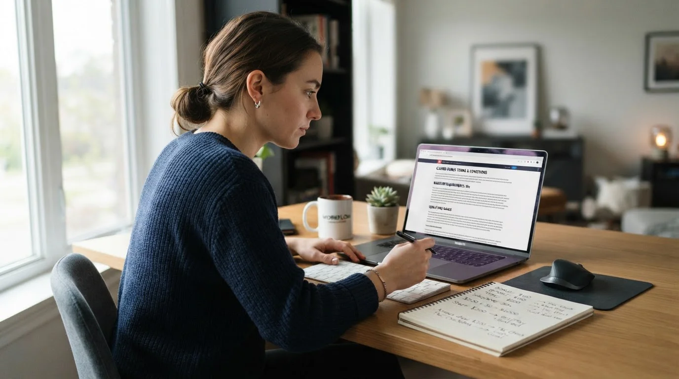 Person reviewing casino terms on laptop with notepad showing wagering calculations