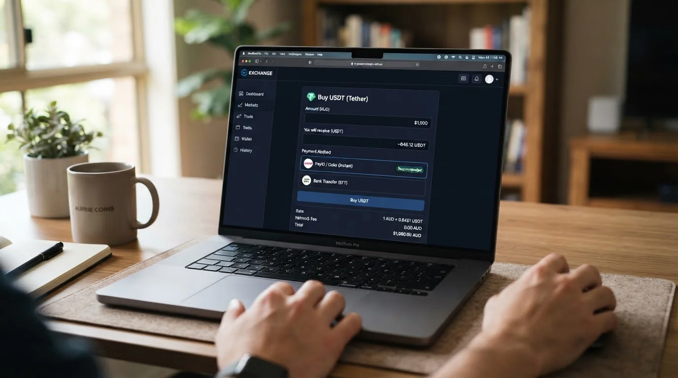 Australian exchange platform interface showing USDT purchase with AUD payment options