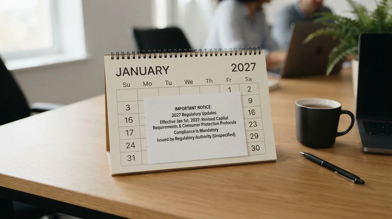 Calendar page showing January 2027 with banking regulation notice