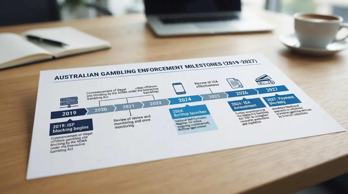 ACMA enforcement timeline showing 2019-2027 ISP blocking and upcoming payment restrictions
