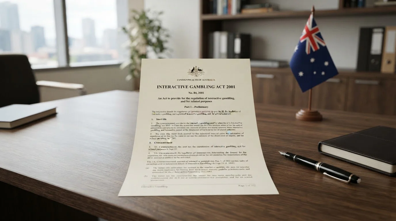 Open document showing Interactive Gambling Act 2001 with Australian flag in the background