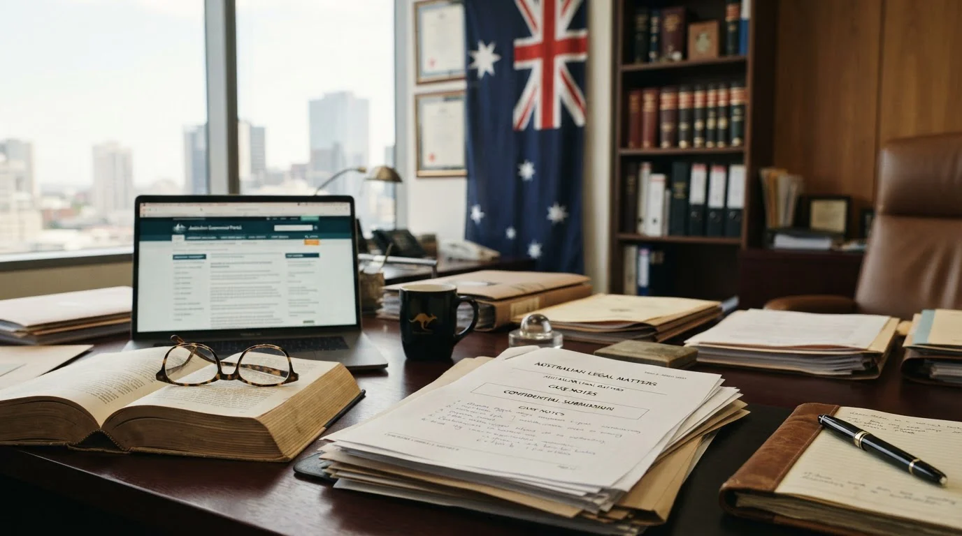Professional desk with legal documents, Australian flag, and laptop showing government website