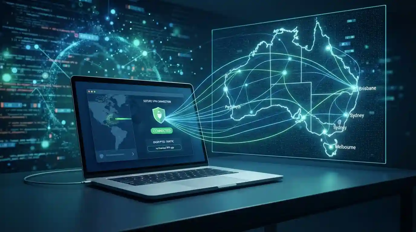 Australia map with VPN network connections showing access to blocked offshore sites