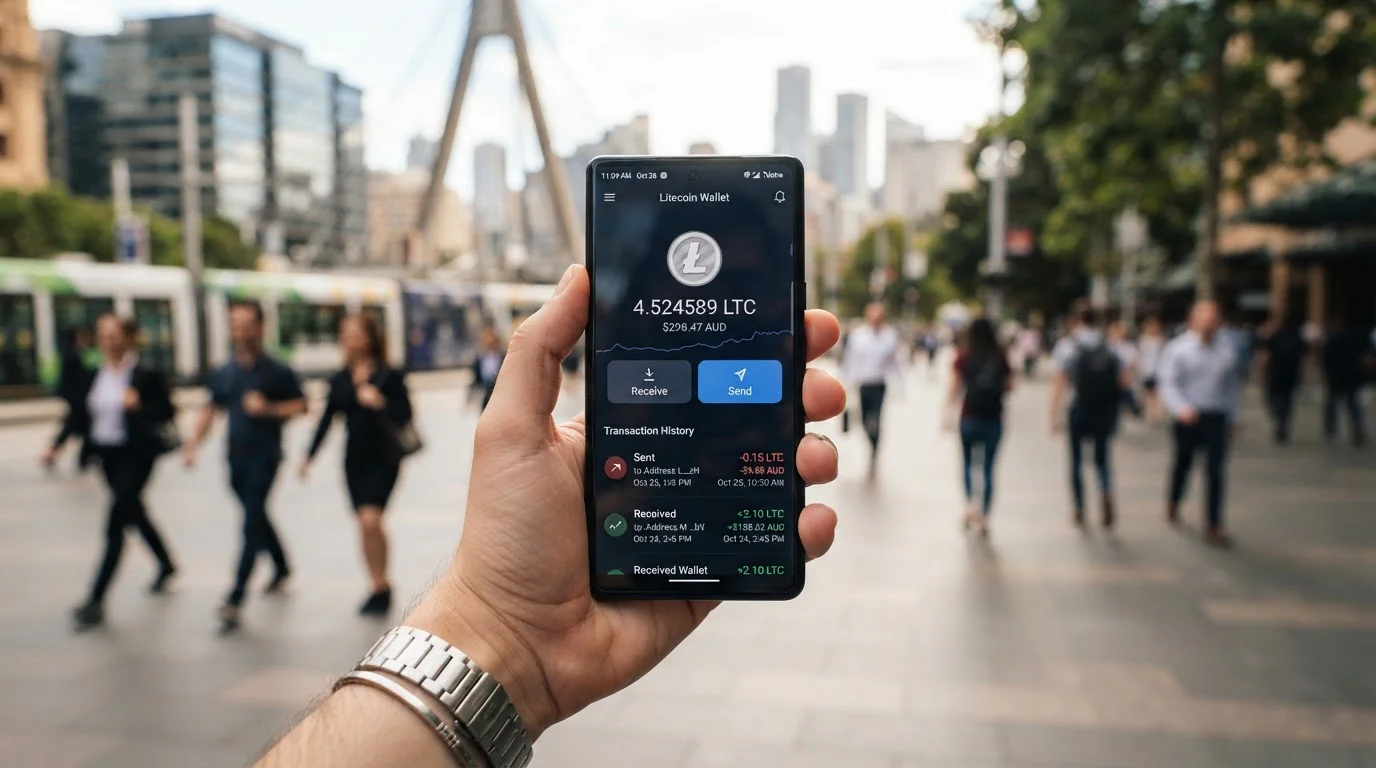 Smartphone displaying cryptocurrency exchange app with PayID transfer and Litecoin wallet interface
