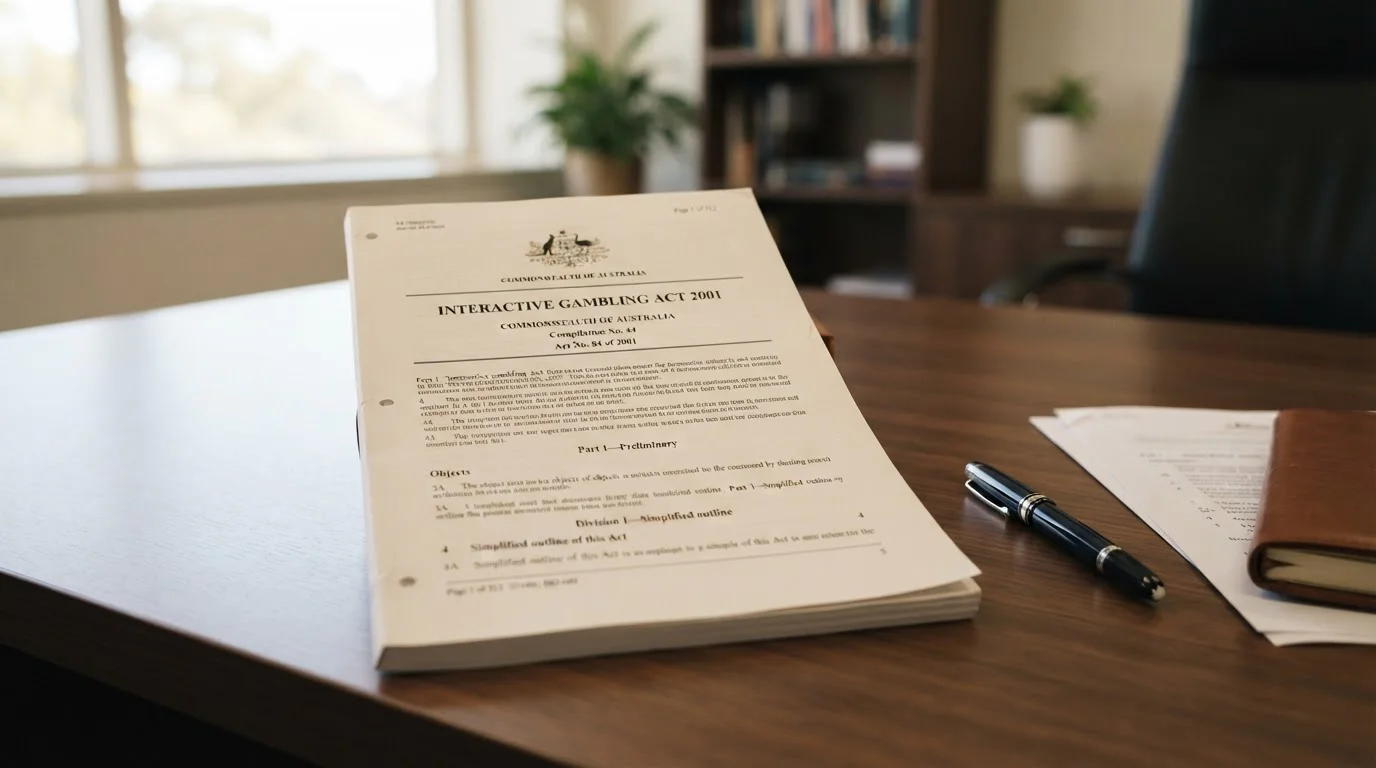 Official document showing Interactive Gambling Act 2001 on desk with pen