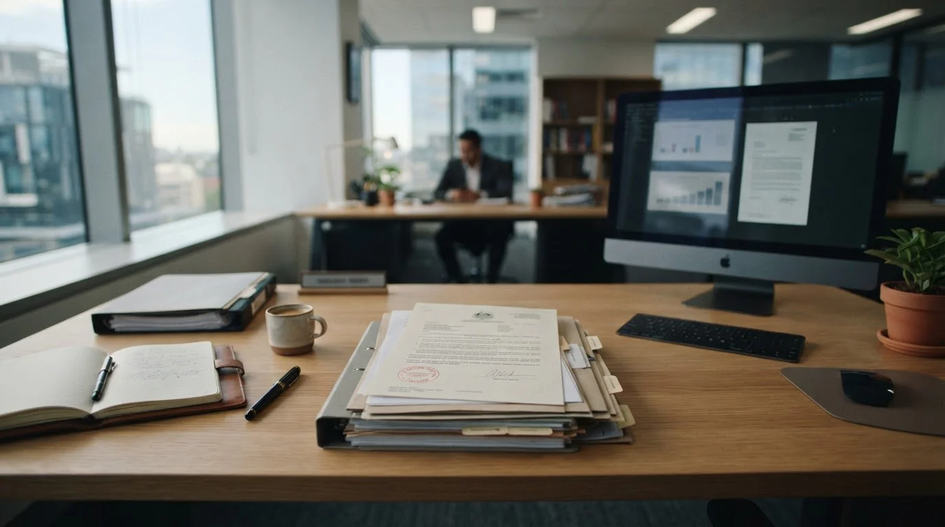 Neutral office setting with Australian legal documents on desk