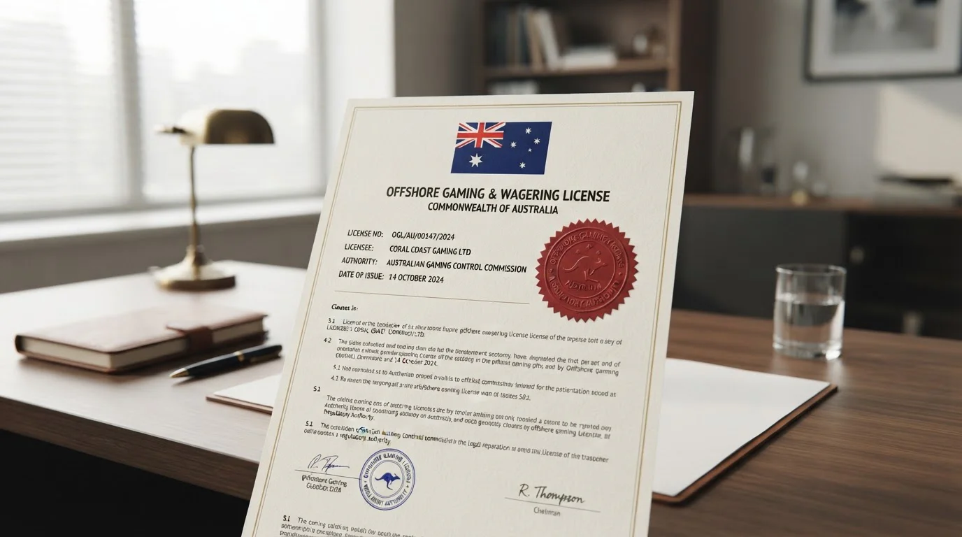 Law document with Australian flag and offshore casino license seal