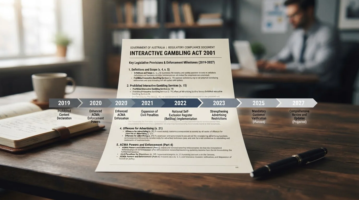 Regulatory document showing Interactive Gambling Act 2001 provisions with ACMA enforcement timeline