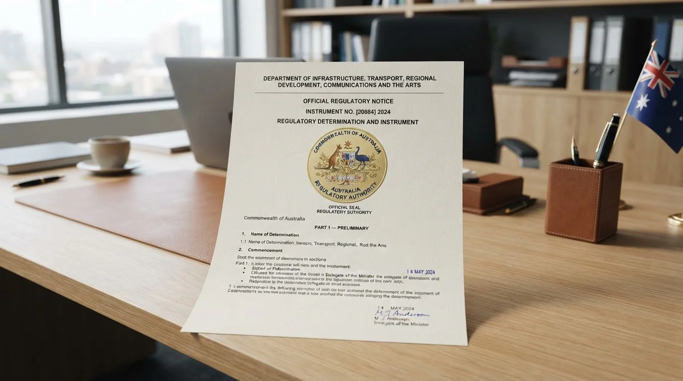 Australian legal document with ACMA seal and regulatory text about offshore gambling enforcement