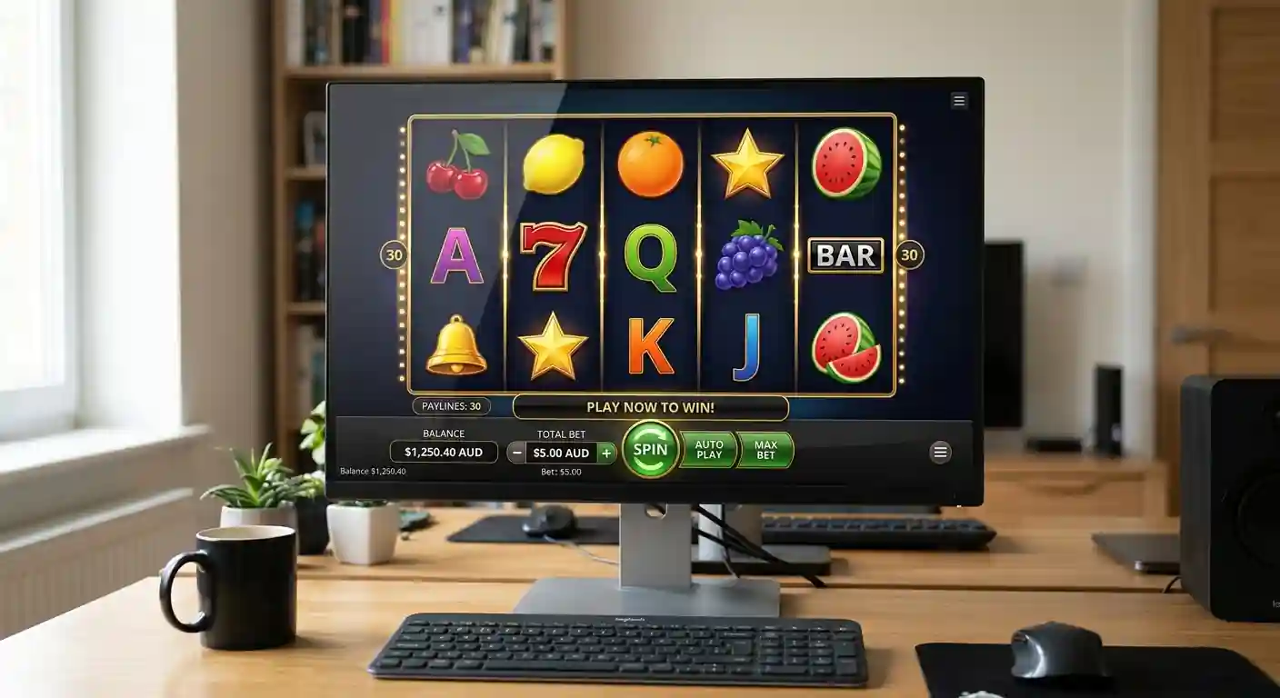 Generic pokies interface showing reels, controls, and Australian dollar denomination