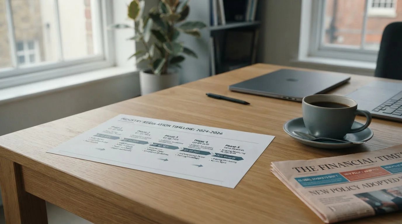 Photorealistic scene of a printed regulatory timeline document on a tidy office desk beside a folded newspaper and a coffee cup, warm daylight from a side window