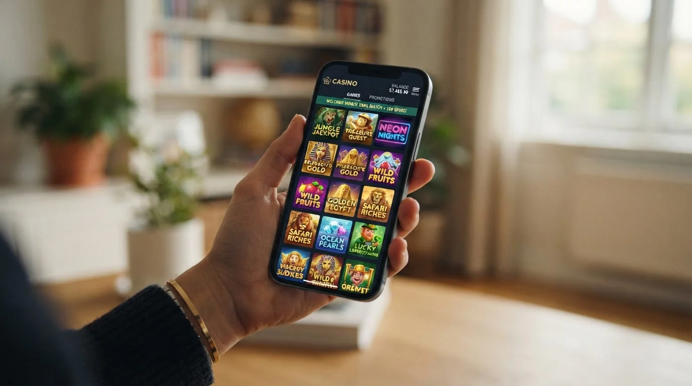 Mobile phone displaying pokies game library with provider logos