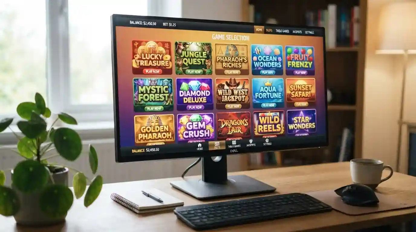 Modern pokies game selection screen showing reels and symbols