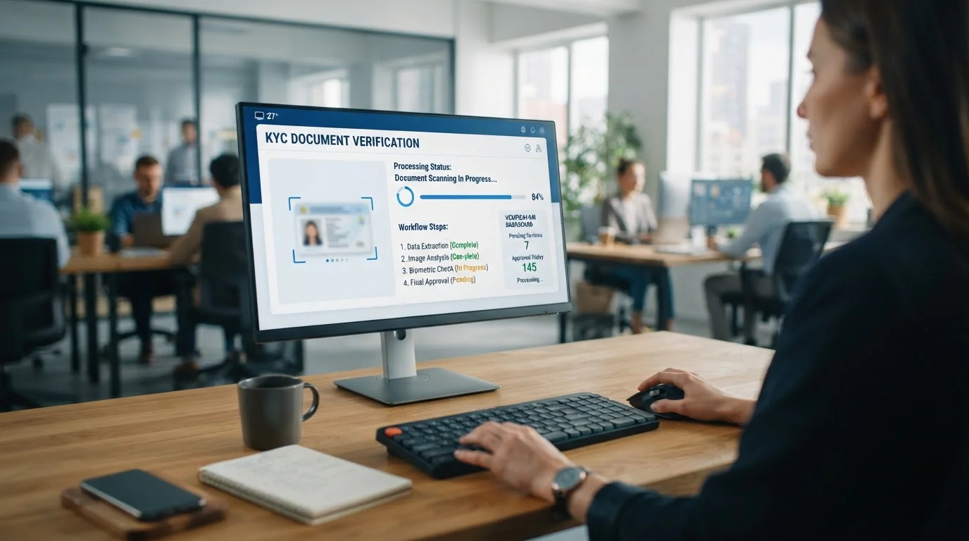 Person at desk reviewing automated KYC document approval system on computer screen