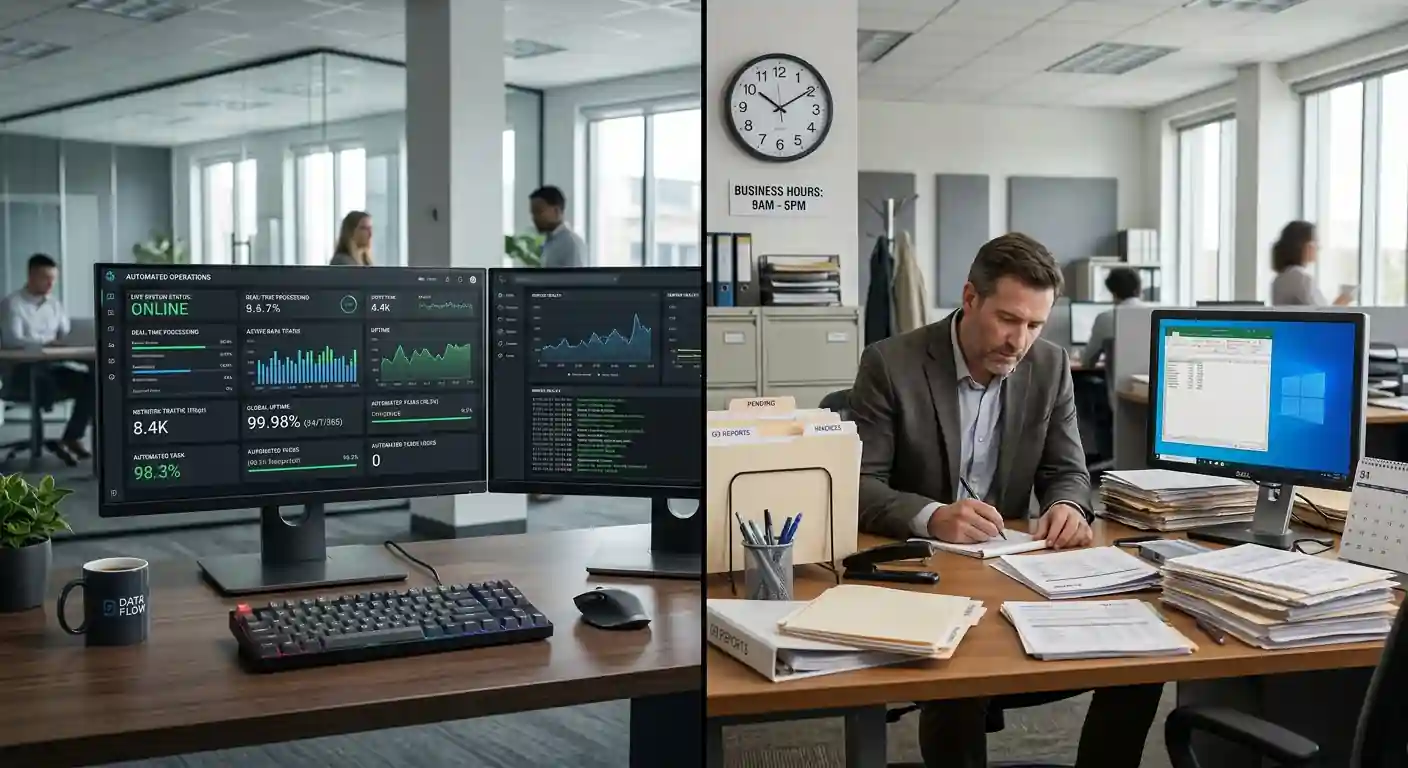 Office desk showing automated approval system dashboard versus manual review queue