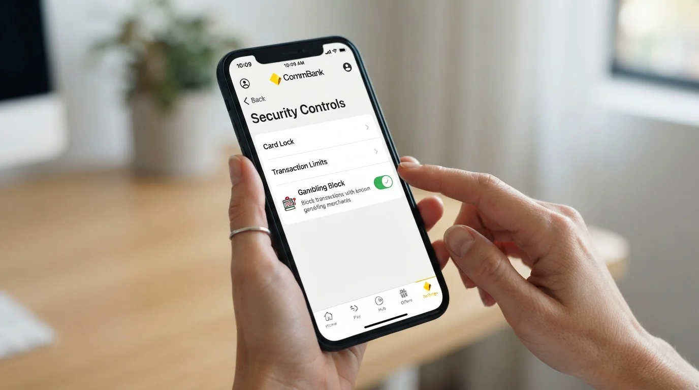 Smartphone showing banking app gambling block toggle setting