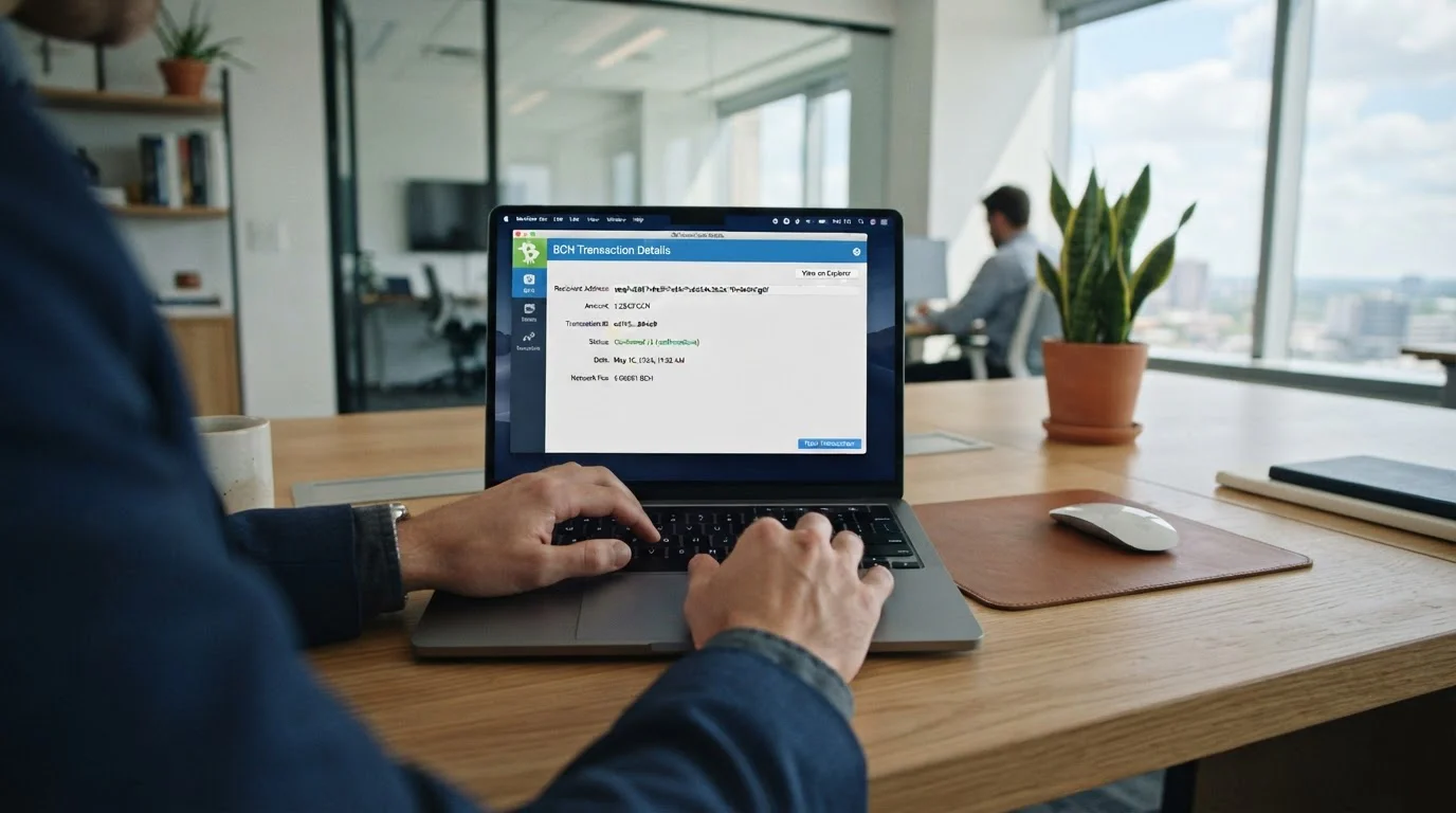 Person at laptop reviewing crypto wallet transfer screen showing Bitcoin Cash transaction details