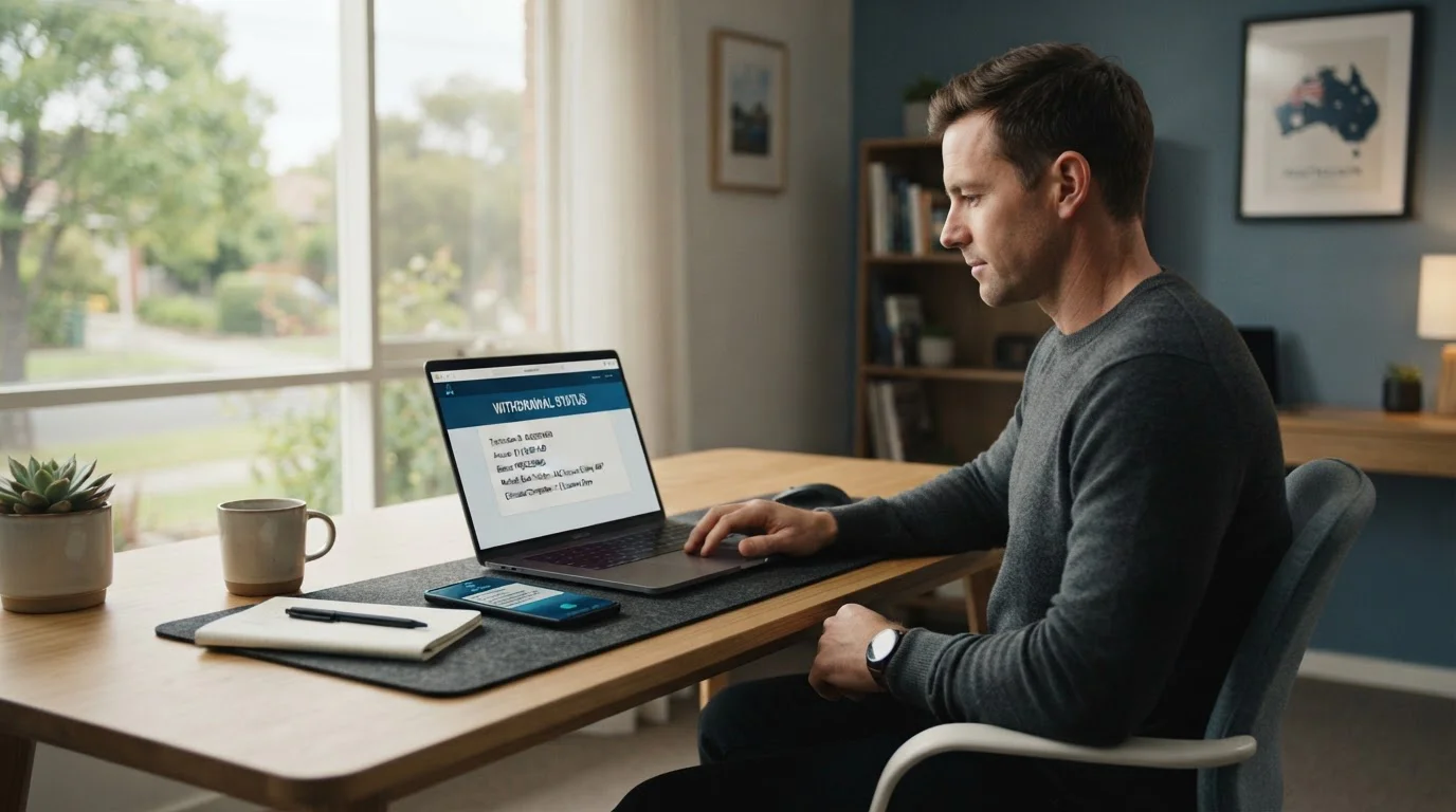 Australian player reviewing fast payout casino withdrawal times on laptop
