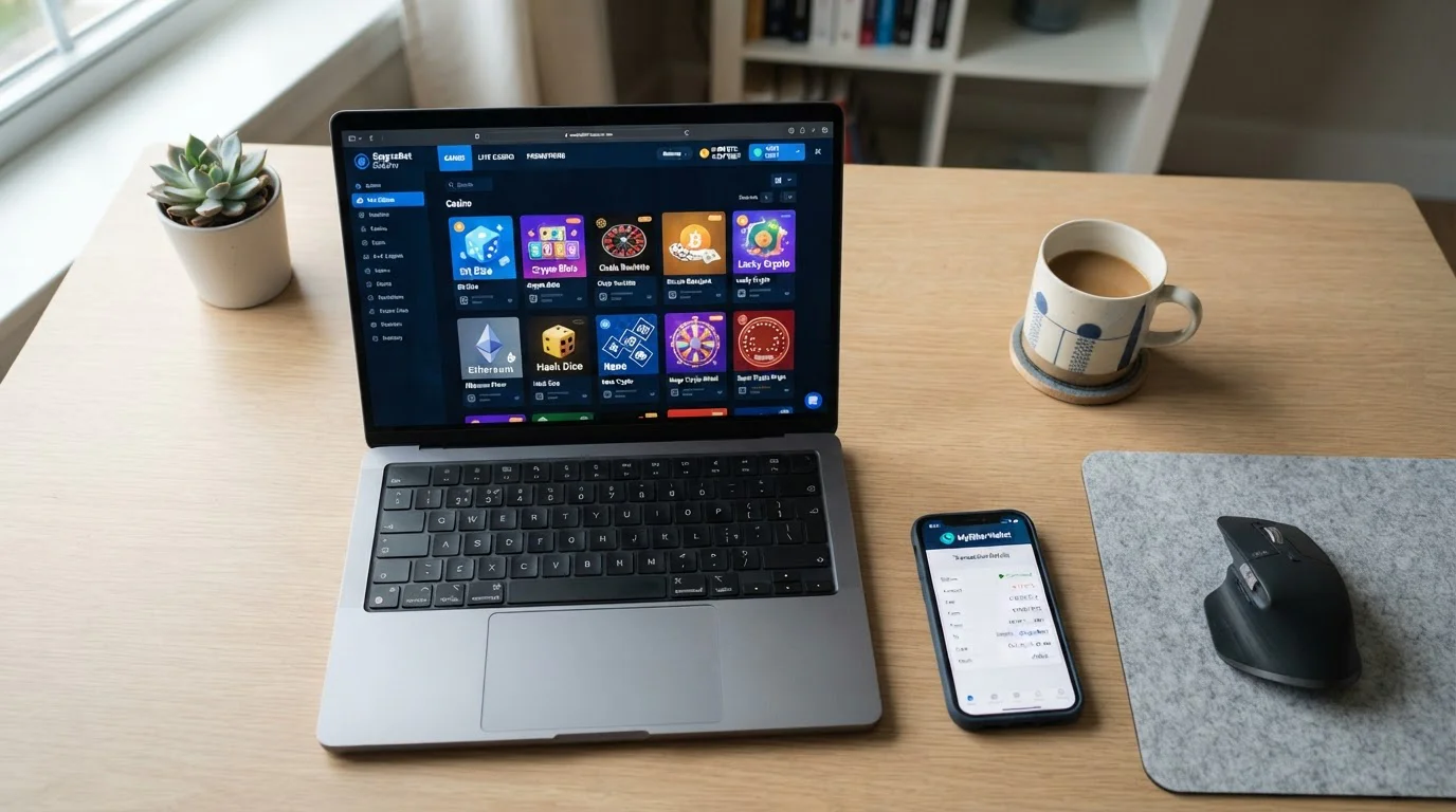 Clean desk workspace with laptop showing a crypto casino interface and mobile phone displaying a wallet app