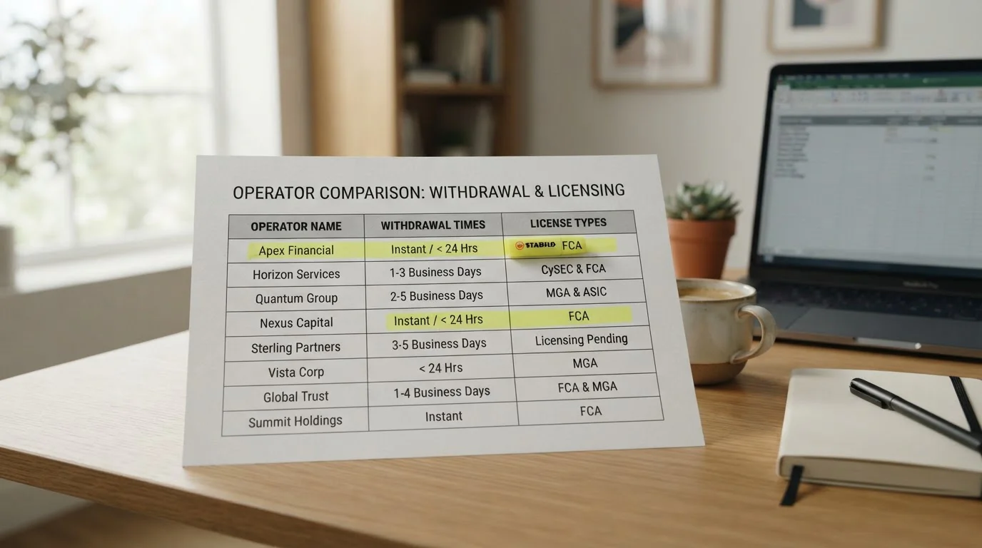 Comparison chart showing Bitcoin casino operators with withdrawal times and license types