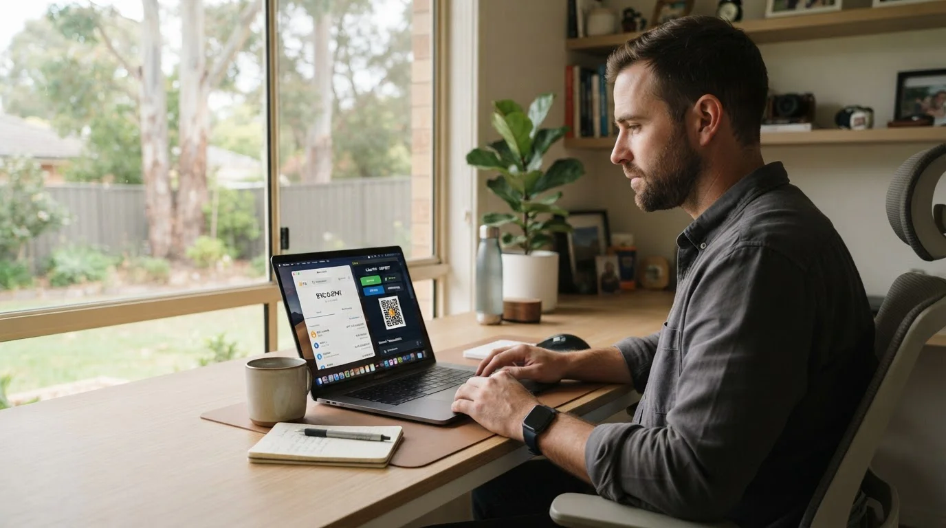 Australian player using laptop with Bitcoin wallet and offshore casino interface visible