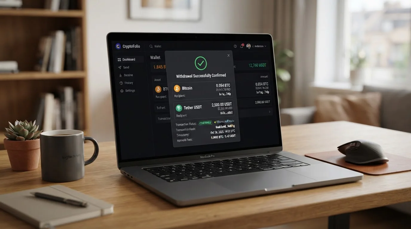 Cryptocurrency wallet showing Bitcoin and USDT withdrawal transaction confirmation