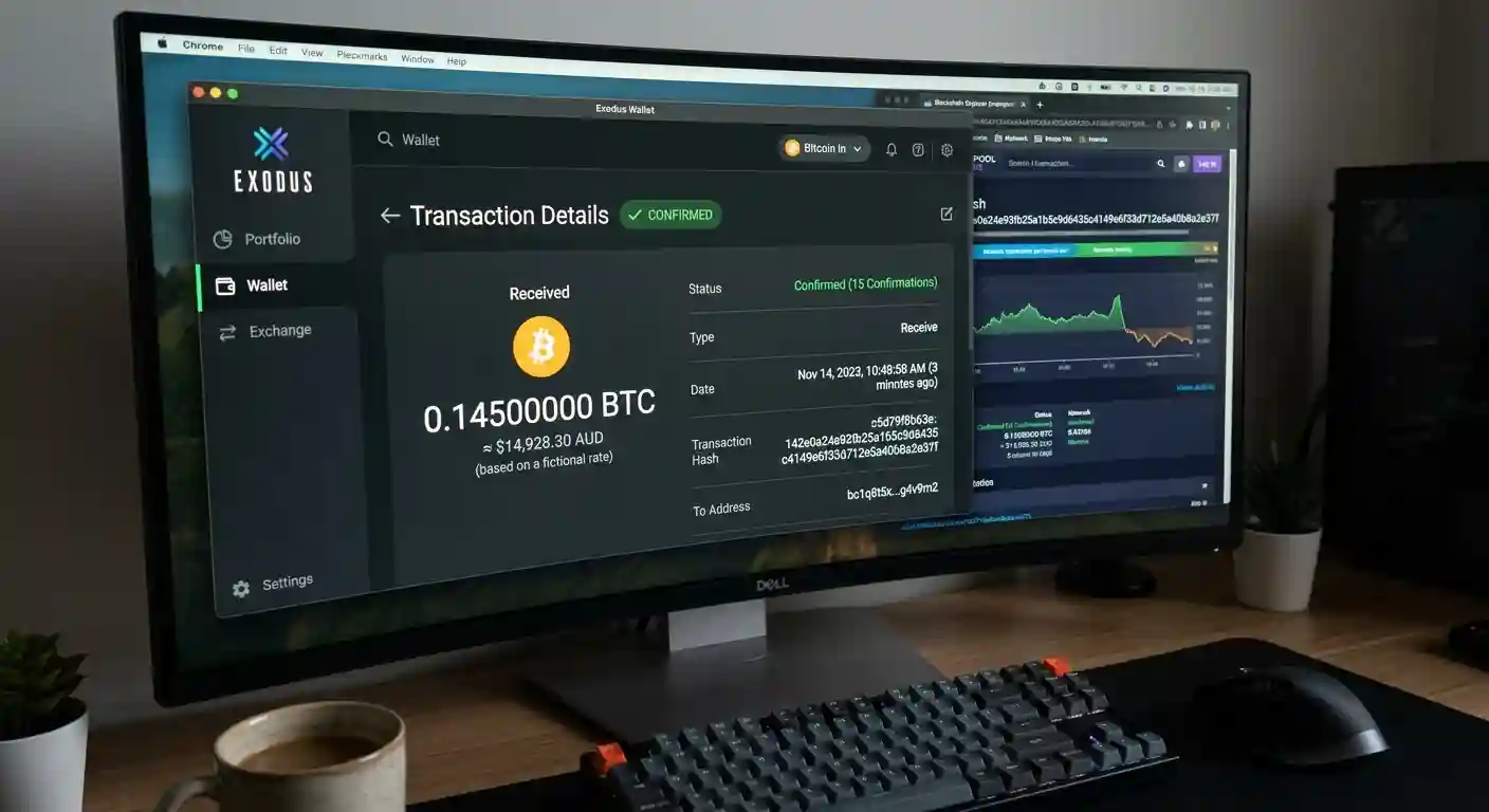 Bitcoin wallet interface showing incoming transaction confirmation with blockchain explorer