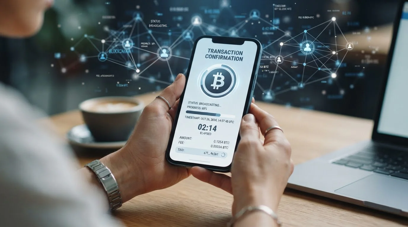 Digital timer showing Bitcoin transaction confirmation with blockchain network visualization