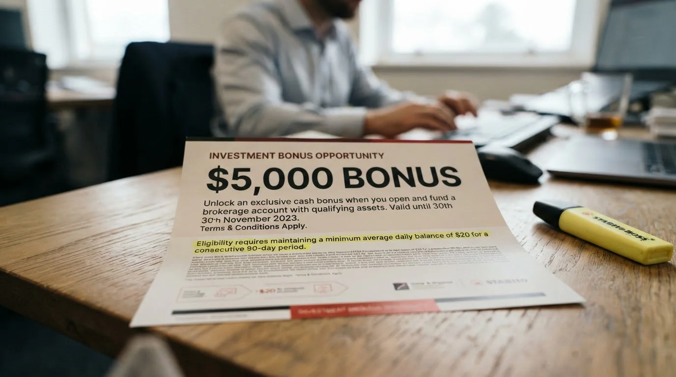 Welcome bonus banner showing $5,000 headline with fine print requiring $20 minimum deposit highlighted