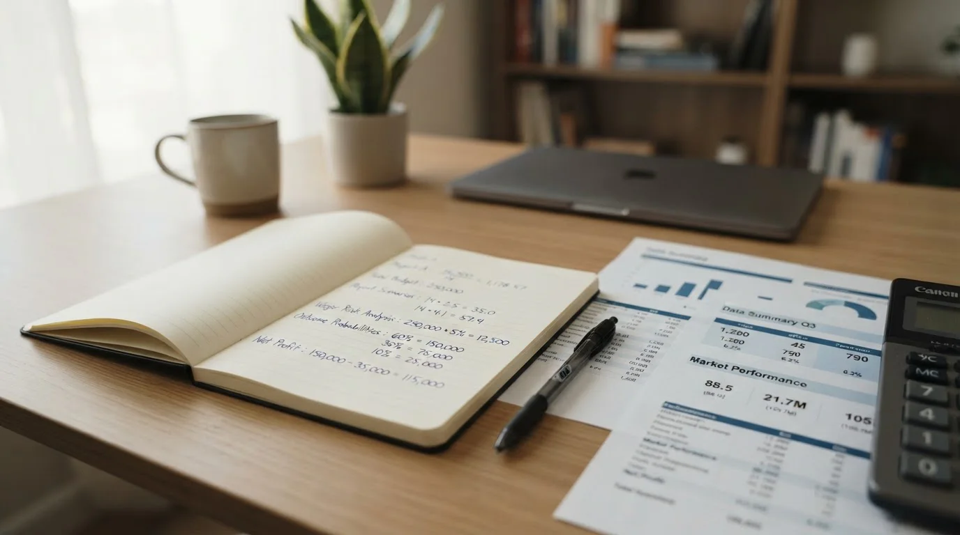 Calculator and notepad showing bonus wagering arithmetic breakdown