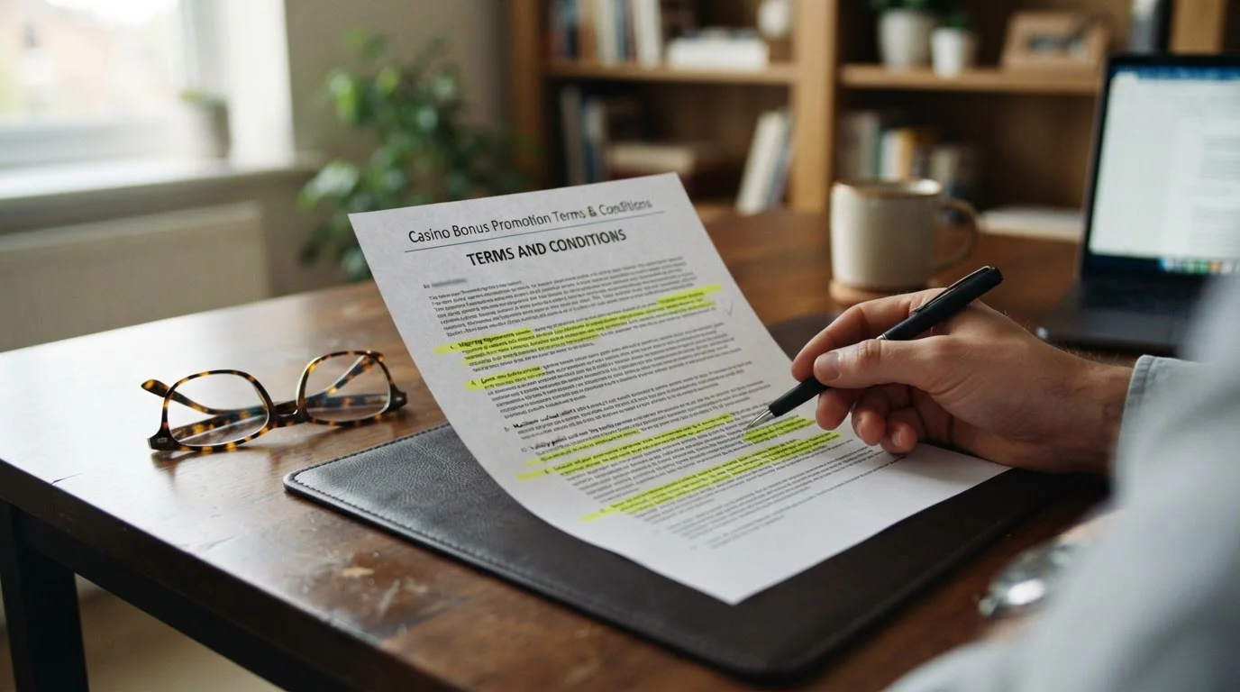 Casino bonus terms document with highlighted red flags and restrictions