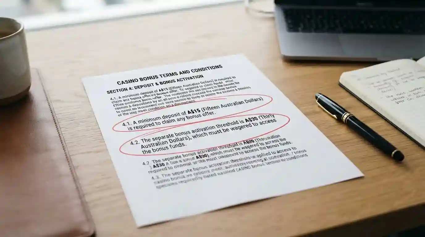 Casino bonus terms document showing deposit threshold circled next to bonus activation minimum