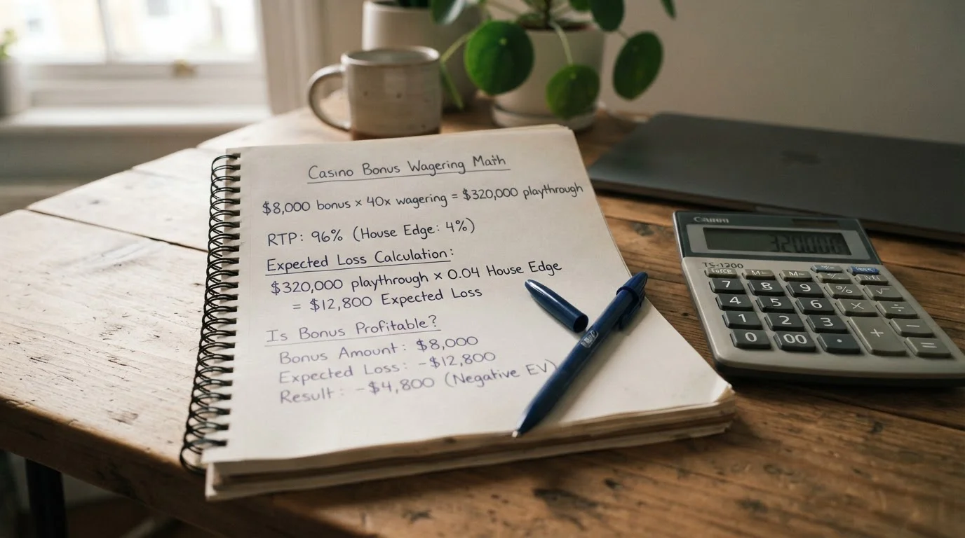 Calculator and notepad showing bonus wagering calculation breakdown