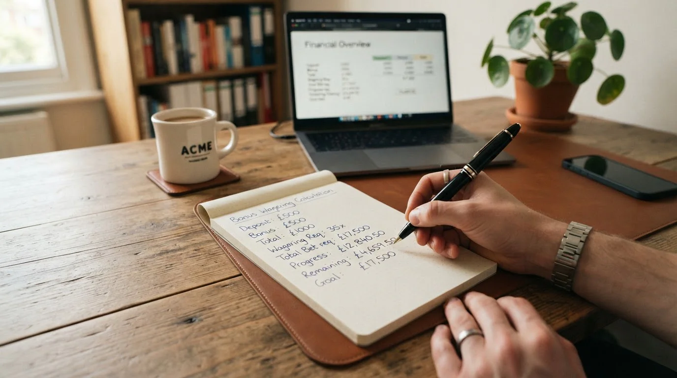 Handwritten notes showing bonus wagering calculations with pen and notepad