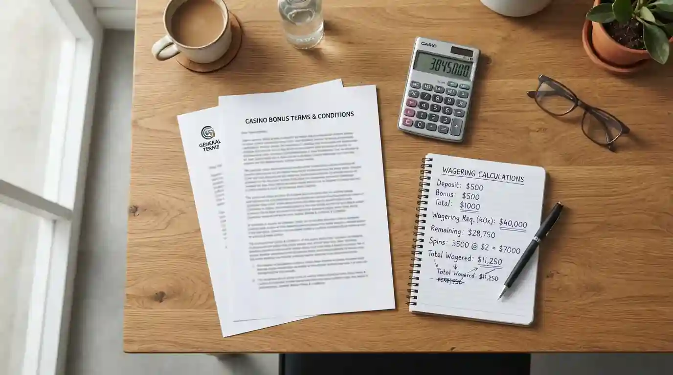 Casino player reviewing bonus terms document with wagering requirement calculator
