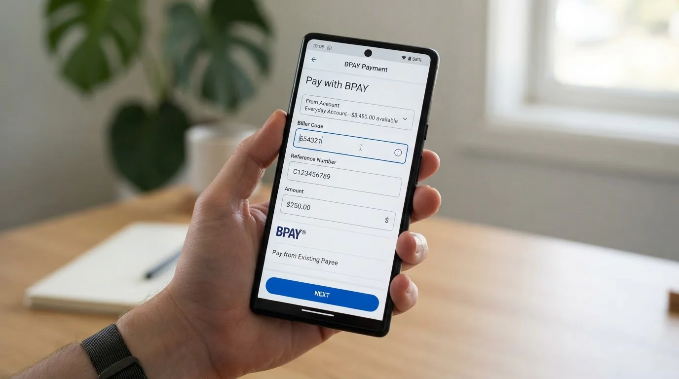 Mobile banking app showing BPAY payment screen with biller code entry
