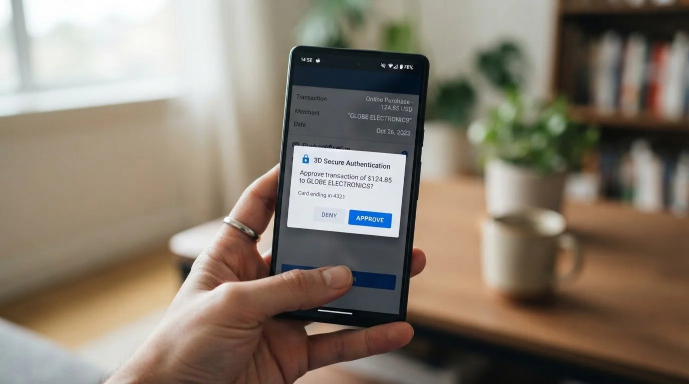 Mobile banking app showing 3D Secure authentication challenge for casino deposit