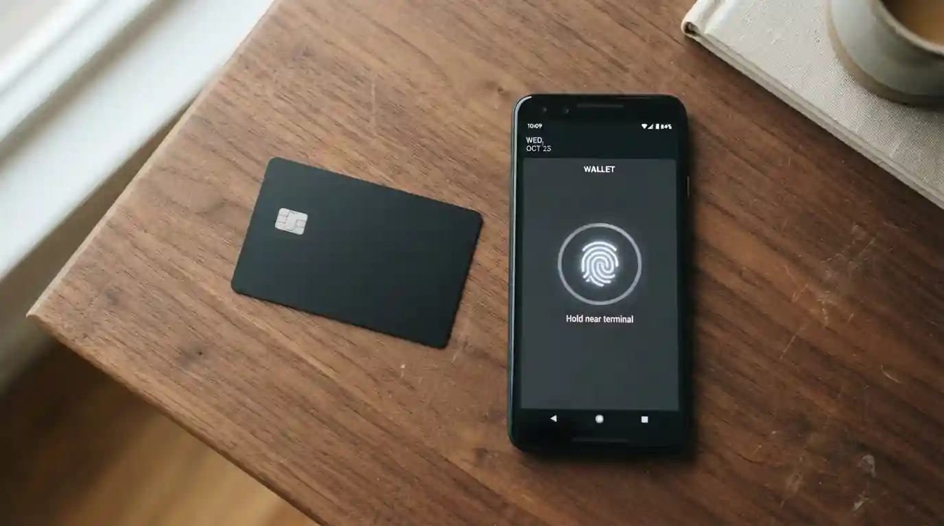 Photorealistic overhead of an unbranded debit card lying beside a smartphone showing a generic mobile wallet screen with a fingerprint icon, wooden desk surface