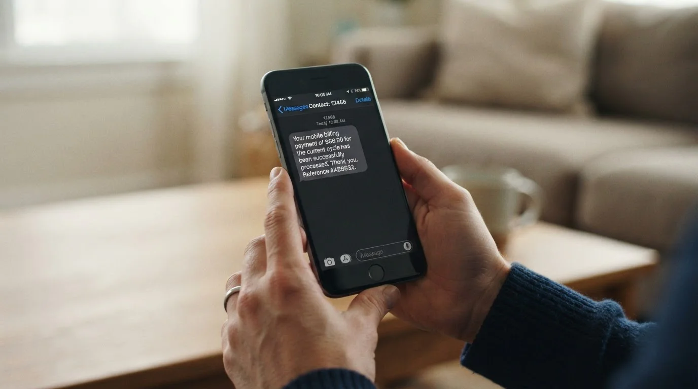 Close-up of mobile phone displaying carrier billing SMS confirmation message