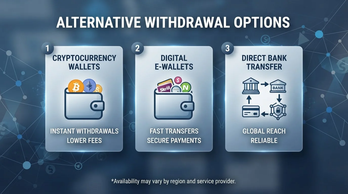 Cryptocurrency wallet and e-wallet icons representing withdrawal alternatives