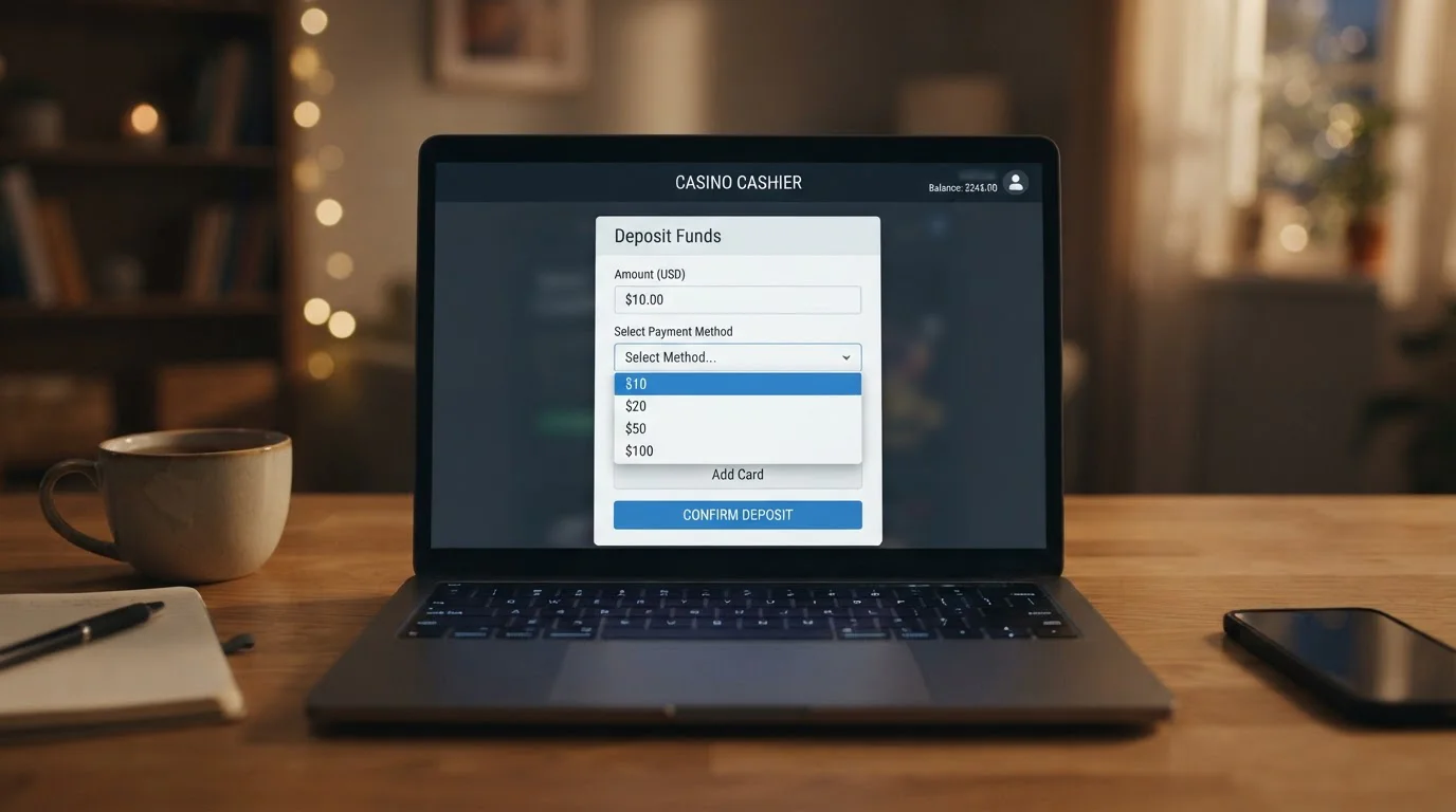 Casino cashier interface showing payment method dropdown with $10 minimum highlighted